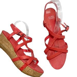 Eileen Fisher coral orange leather Array Cork Platform Sandals